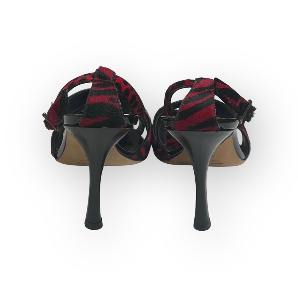Manolo Blahnik โ Animal Printed Calf Hair Slingback Stiletto Sandals โ Black Red - Picture 4 of 17